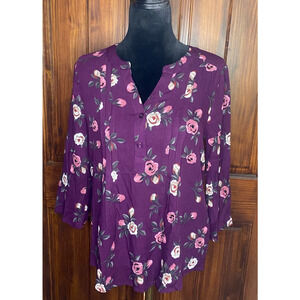 Monday Fun Floral Blouse - Burgundy Purple, Pink & White Flowers, Size S